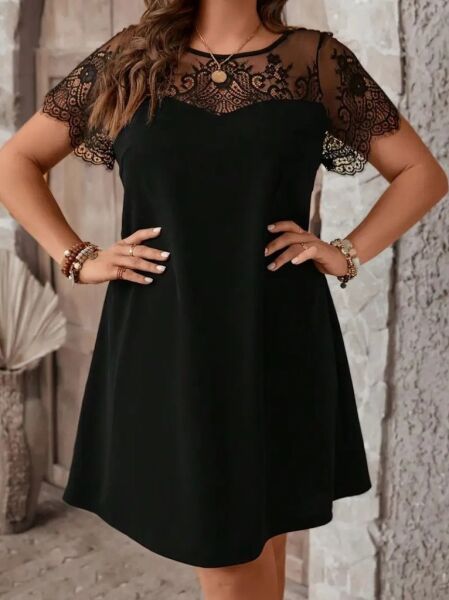 Kadın Kısa Kollu Dantel Bisiklet Yaka Ve Kol Dantel Detaylı Janjan Krep Elbise