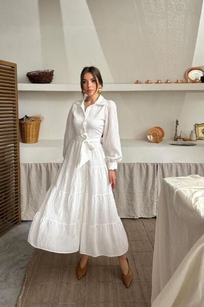 Ekru Çizgi Desenli Uzun Elbise