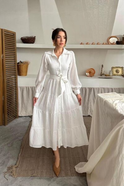 Ekru Çizgi Desenli Uzun Elbise