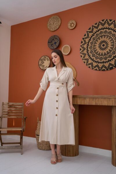 Bej Düğmeli Keten Elbise