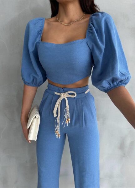 KETEN CROP KARPUZ KOL BLUZ-PANTOLON HASIR KEMERLİ - Mavi