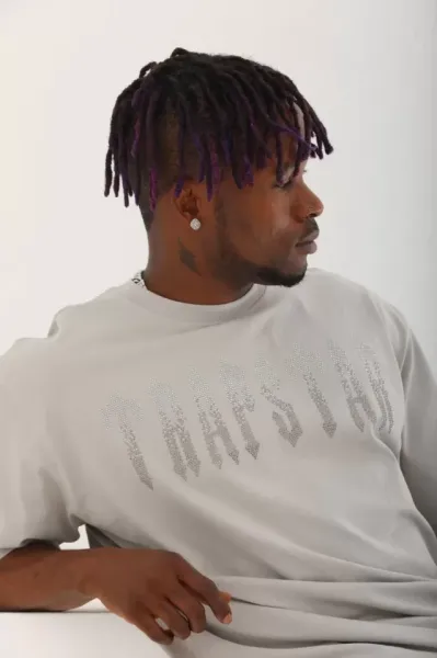Unisex Oversize Taşlı Bisiklet Yaka T-Shirt - Gri