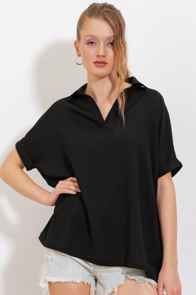 Siyah Oversize Polo Yaka Örme Bluz 0486