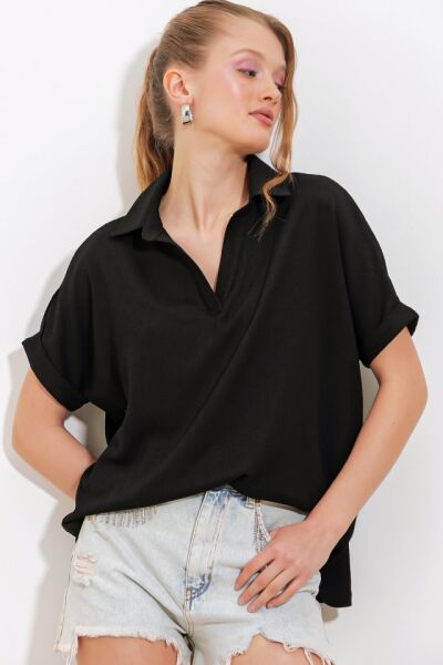 Siyah Oversize Polo Yaka Örme Bluz 0486