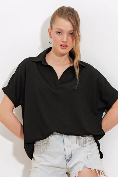 Siyah Oversize Polo Yaka Örme Bluz 0486