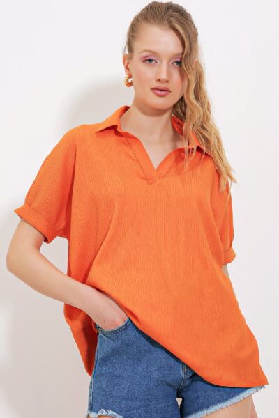 Turuncu Oversize Polo Yaka Örme Bluz 0486