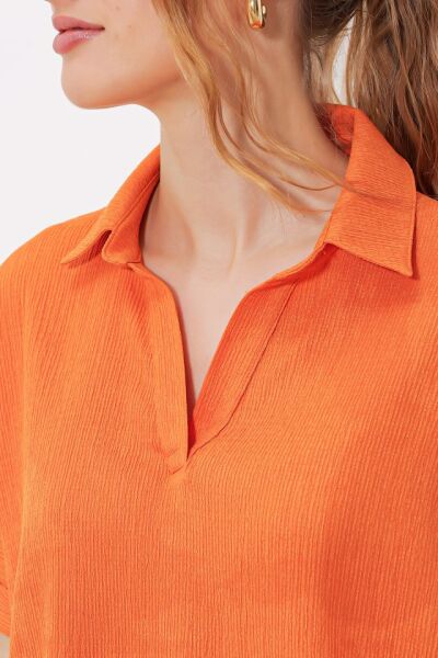 Turuncu Oversize Polo Yaka Örme Bluz 0486