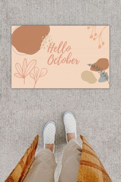 Dijital Baskı Dekoratif Hello October Pudra Kapı Önü Paspası K-1224