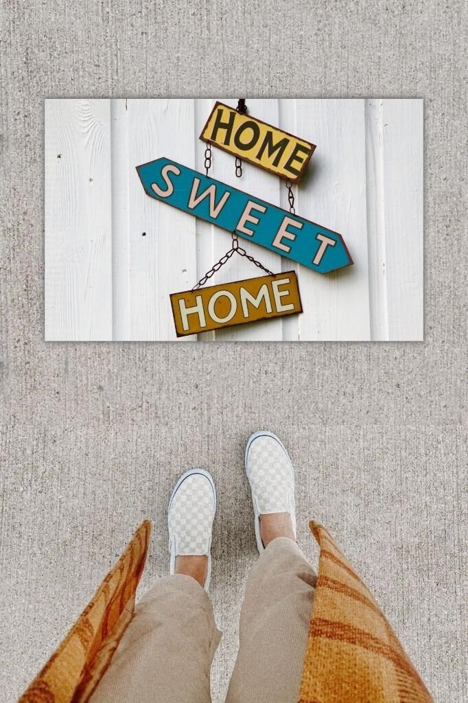Dijital Baskı Dekoratif Home Sweet Home Beyaz Kapı Önü Paspası K-1229