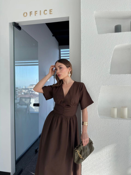 Kısa Kollu Uzun Elbise - Kahve