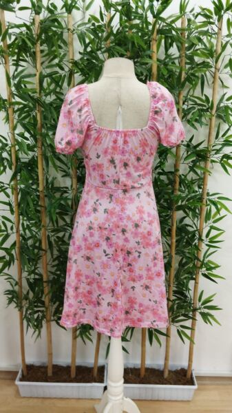 Kadın Kısa Kollu Mini çiçek Baskılı Bağcık Detay Süprem Midi Boy Elbise