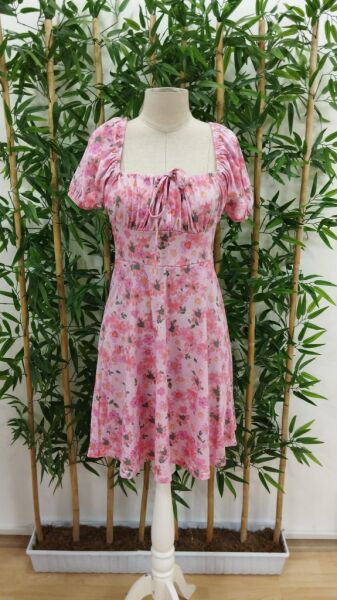 Kadın Kısa Kollu Mini çiçek Baskılı Bağcık Detay Süprem Midi Boy Elbise