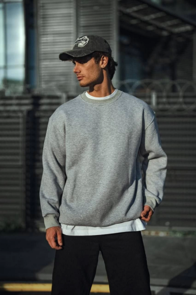 Kışlık Bisiklet Yaka Üç İplik Basic SweatShirt - Gri