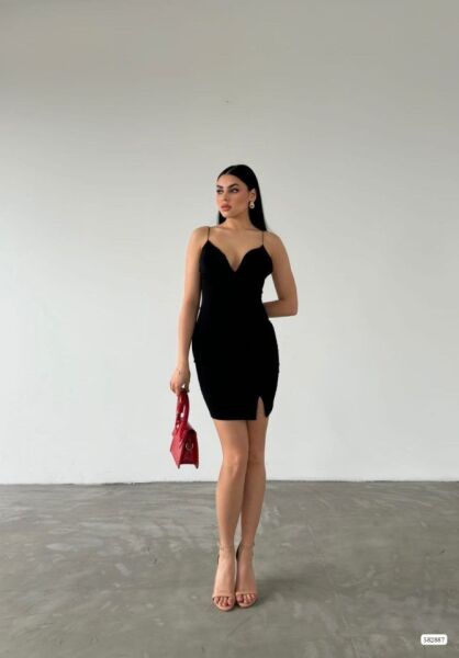 Kadın Dalgıç Krep Kumaş Askılı Mini Elbise