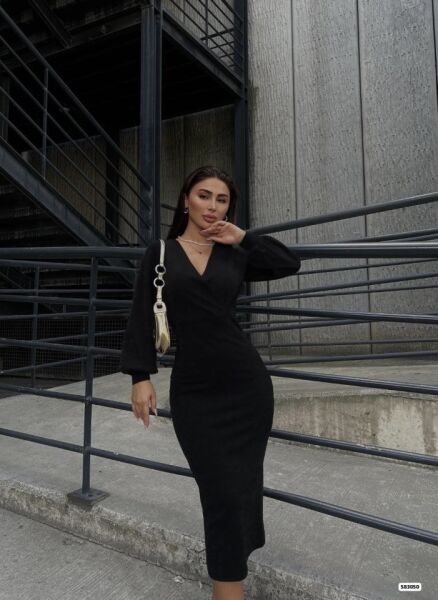 Kadın Uzun Kollu Kruvaze Yaka Büzgü Ve Balon Kol Detay Krep Kumaş Maxi Boy Elbise