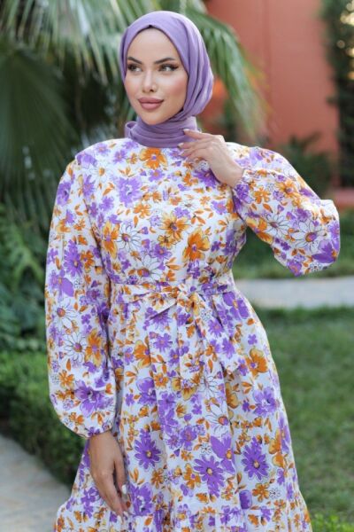 Kadın Uzun Çiçek Yaprak Desenli Belden Bağlamalı Elbise