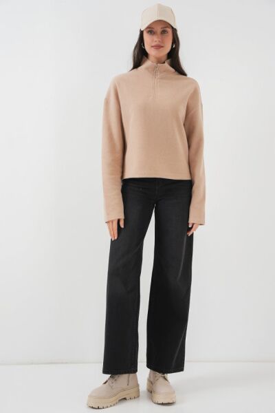55449 Fermuarlı Yaka Örme Sweatshirt - Camel