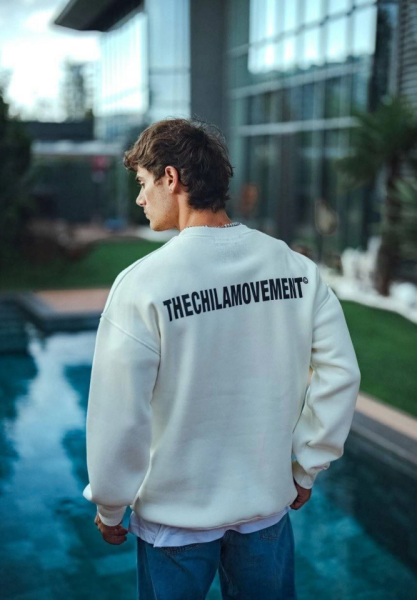 Kışlık Bisiklet Yaka Oversize Baskılı SweatShirt - Beyaz
