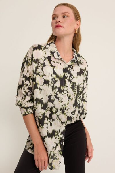 Yeşil Siyah Çiçek Desenli Oversize Saten Gömlek 3985