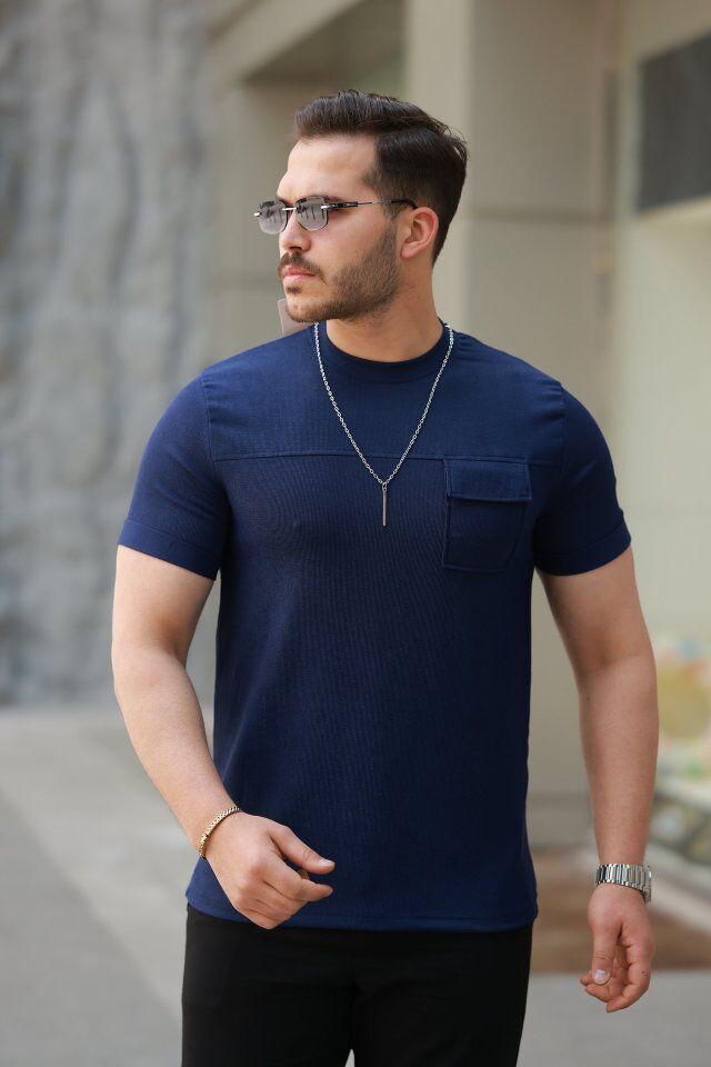 Erkek Cepli Kolyeli Kısa Kollu örme Kumaş Tişört