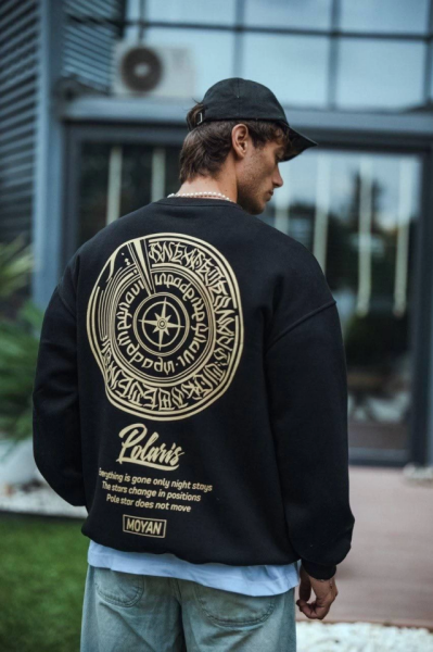 Kışlık Bisiklet Yaka Ön Ve Arka Baskılı SweatShirt - Siyah