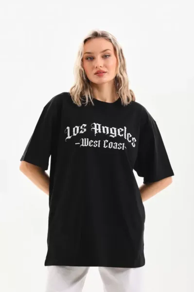 Unisex Baskılı Oversize T-Shirt - Siyah
