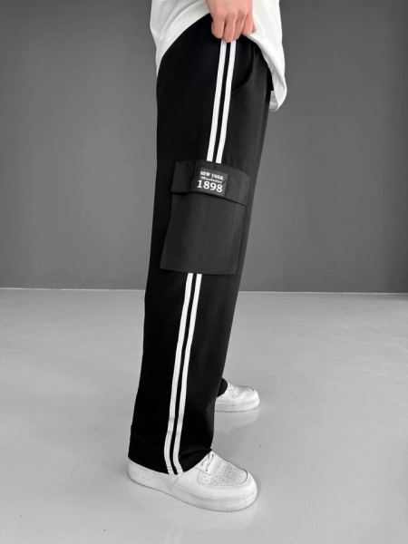 İki İplik Kumaş Kargo Cepli Şeritli Alt Esofman - Siyah