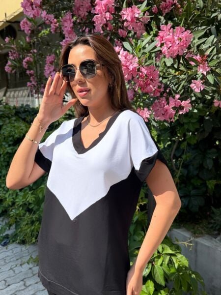 Kadın Kısa Kollu V Yaka Siyah Beyaz Renkli Viskon Iki Iplik Kumaş Eşofman Takımı