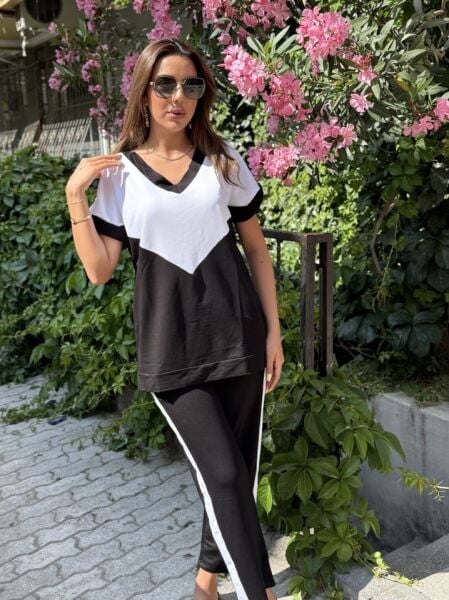 Kadın Kısa Kollu V Yaka Siyah Beyaz Renkli Viskon Iki Iplik Kumaş Eşofman Takımı