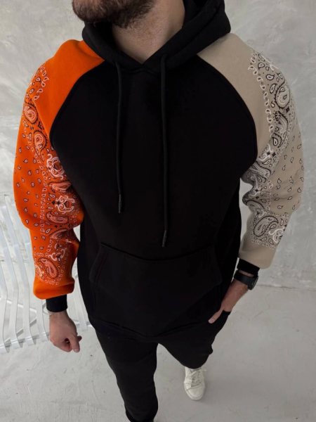 Üç İplik Penye Kapşonlu Parçalı SweatShirt - Siyah