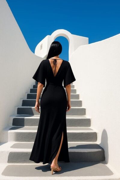 Kadın Sendy Kumaş Yırtmaç Detaylı V Yaka Elbise