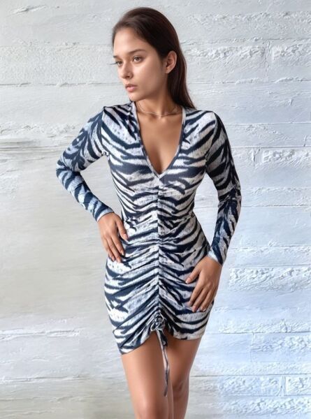 Kadın V Yaka önü Asansör Büzgü Detay Fırsat ürün Zebra Mini Elbise