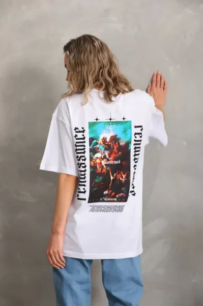 Unisex Baskılı Oversize T-Shirt - Beyaz