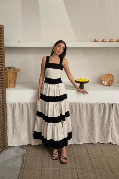 Bej Arkası Fiyonklu Keten Elbise