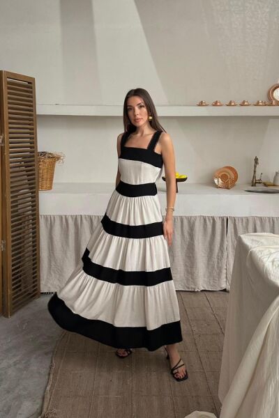 Bej Arkası Fiyonklu Keten Elbise