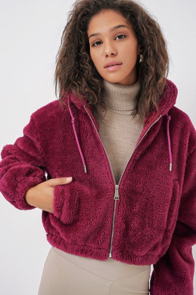 5193 Kapüşonlu Peluş Crop Ceket - Mürdüm