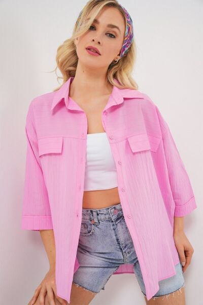 Cep Detaylı Kısa Kol Gömlek 20317 - Pembe