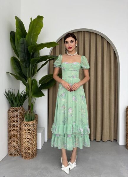 ŞİFON KUMAŞ DİJİTAL DESEN BASKILI ELBİSE