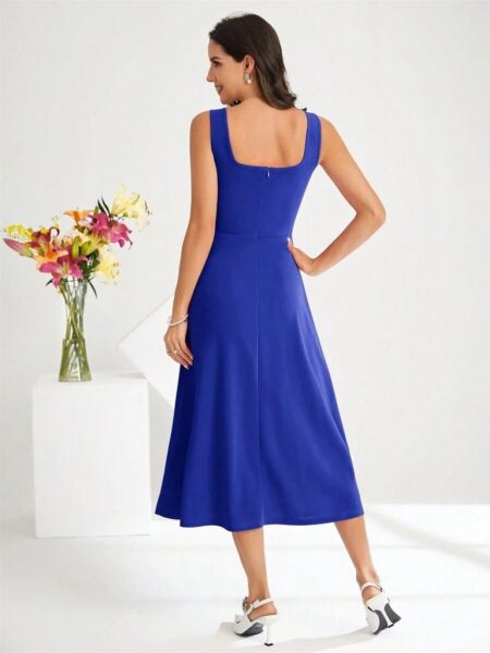 Kadın Askılı Kare Yakalı Midi Ithal Krep Elbise