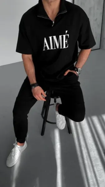 Unisex Yarım Fermuarlı Baskılı T-Shirt - Siyah