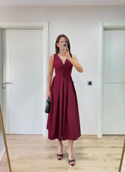 V Yaka Uzun Kolsuz Elbise- Bordo
