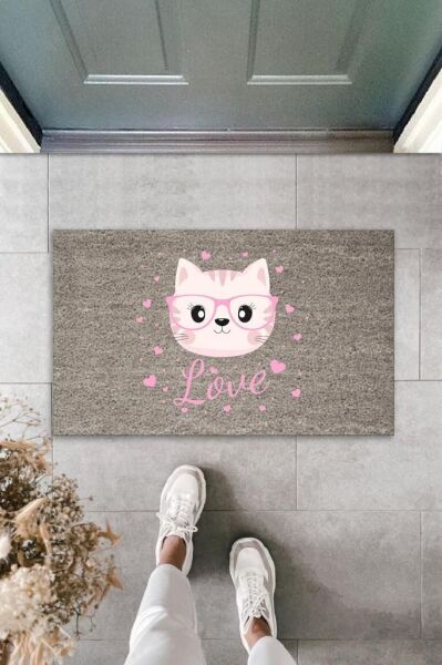 Dijital Baskı Gri Love Yazılı Pembe Gözlüklü Kedi Dekoratif Kapı Paspası K-2049