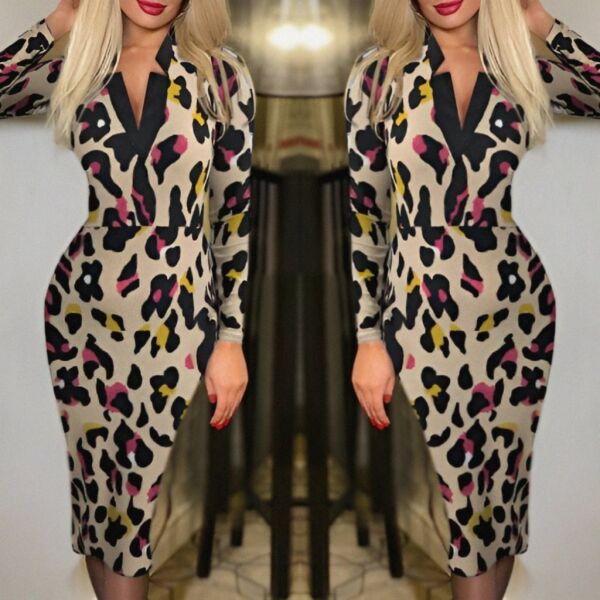 Kadın Uzun Kollu V Yaka Puantiyeli Krep Midi Boy Elbise