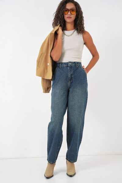 6688 Yüksek Bel Baggy Kot Pantolon - İndigo