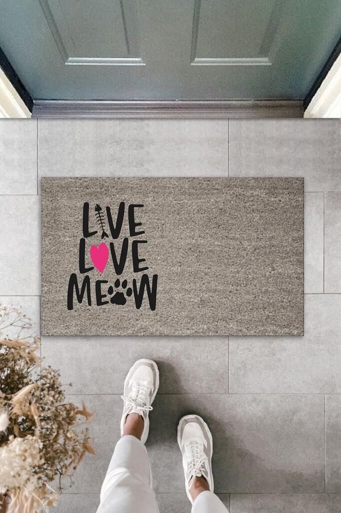 Dijital Baskı Gri Pembe Kalpli Kılçıklı Love Meow Dekoratif Kapı Paspası K-2047