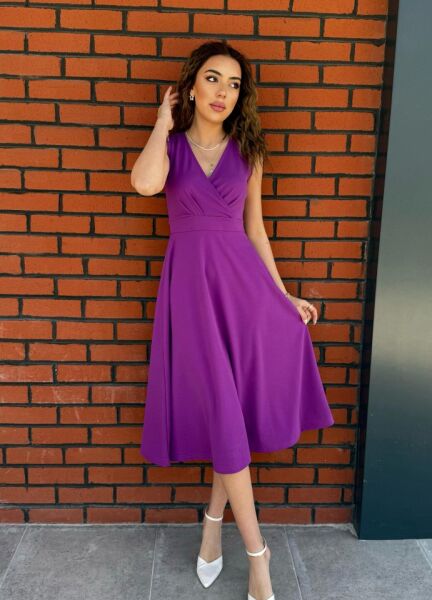 Kadın Ithal Krep Kumaş Kruvaze Yaka Eteği Kloş Kolsuz Midi Elbise