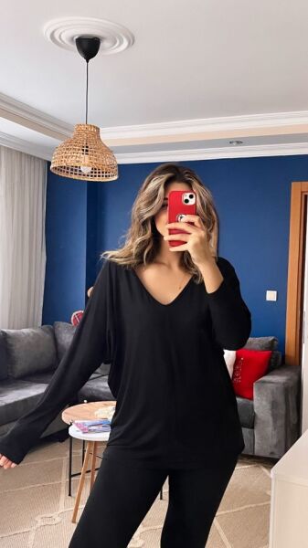 Kadın Uzun Kollu V Yakalı Salaş Viskon Bluz