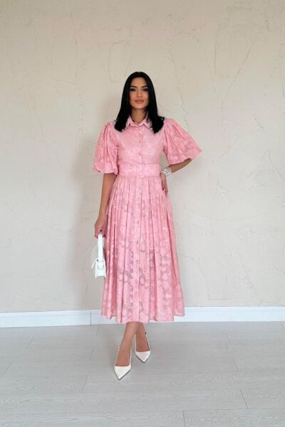 Pembe Kemerli Balon Kollu Elbise