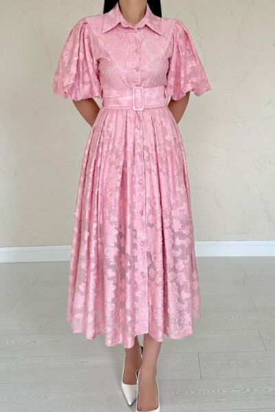 Pembe Kemerli Balon Kollu Elbise