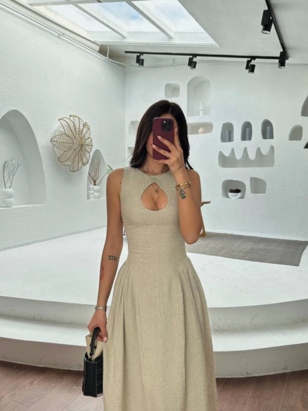 Kolsuz Uzun Kabardin Elbise - Gri